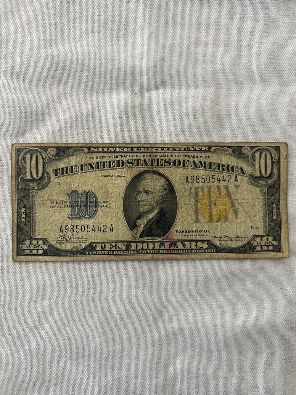 1934 A $10 Dollar Gold Certificate Bill